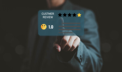 Customer giving one-star review with low rating score on virtual screen. Concept of negative feedback, poor service evaluation, online reputation management, and digital customer experience crisis.
