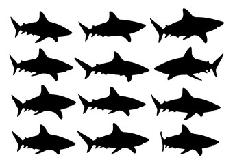 Vector set of fish and shark silhouettes for marine animal illustration and fishing design