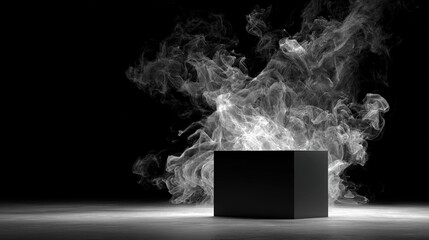 Black Cube Under Spotlight in Smoke
