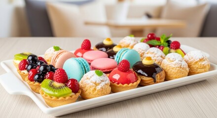 Assortment of colorful petite pastries, tarts, macarons, and cream puffs arranged on a white platter