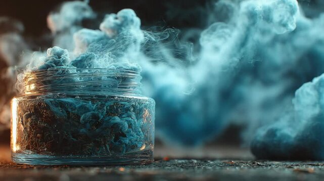 Glass jar with swirling blue smoke and vapor, photorealistic style, dark textured background. Concept of mystery, potion or alchemy