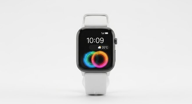 A smart wearable device, centered on a white background. The screen shows a digital clock & colorful ring UI. The device has a grey case and white band