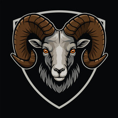 Majestic Ram Head with Large Curved Horns and Fierce Eyes.