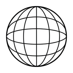 Simple black and white wireframe globe icon with latitude and longitude lines.