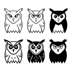 Collection of six owl illustrations, each with unique features and expressions