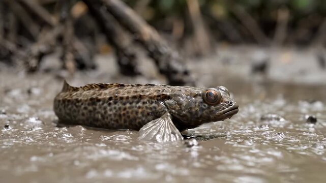 A mudskipper fish rests on wet mud, surrounded by branches in a muddy setting. The mudskipper fish exhibits its stark eyes while perched in the natural habitat.