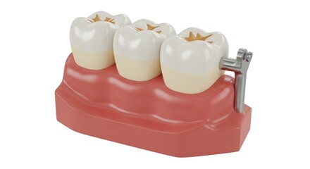 A 3D rendering shows a dental model of teeth with fillings and a metal support, likely for a partial denture