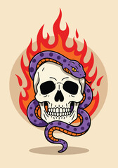 Skull with Snake and Flames Illustration