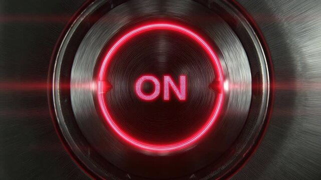 Circular metallic power button with red glowing ON text, futuristic tech style, dark background, concept of energy, activation, or startup