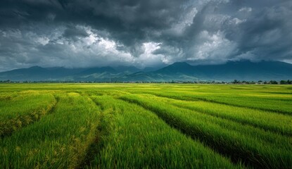 Naklejka premium Vast green agricultural field under dramatic stormy sky with mountains in distance