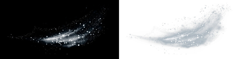 Abstract png overlay featuring ethereal light trails and sparkling particles on contrasting black and white backgrounds, ideal for creative design projects and visual storytelling