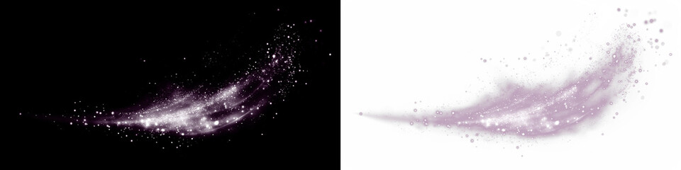 Abstract purple glittering sparkle overlay on black and white backgrounds, creating a magical effect for design projects, enhancing visual storytelling and creativity