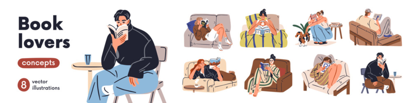 Reading at home set. People enjoying calm leisure with fiction story, novel in cozy interiors. Readers relaxing with book on sofa, armchair, bed. Flat vector illustrations isolated on white background
