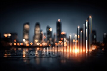 Audio Data and Urban Landscape Fusion: Bar Graph with Small Figure Against Soft Focus City Skyline, Dark Gradient Background with Water Reflections

