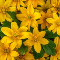 Close-up view of many bright yellow flowers, with green leaves interspersed