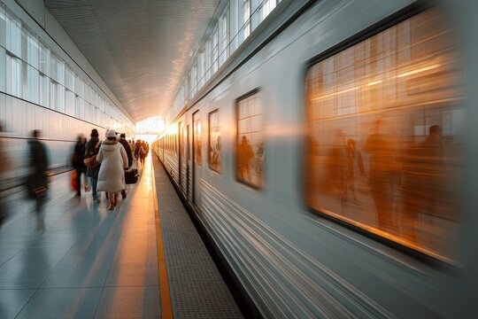 Train platform bustling with passengers during rush hour, showcasing dynamic movement and vibrant atmosphere, illuminated by warm light from the station exit