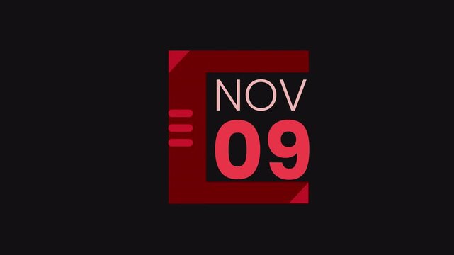 9th November calendar icon animation. Alpha matte with transparent background 4K resolution.