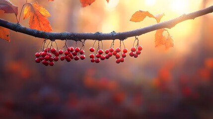 Autumn rowan berries on a branch with warm sunlight and bokeh background