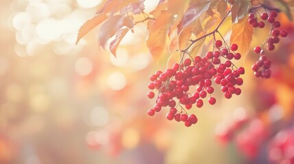 Autumn beauty branch with red berries in soft light nature concept