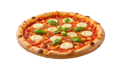 A freshly baked margherita pizza with vibrant tomato sauce, a few of basil leaves and melted mozzarella cheese isolated on white and transparant background