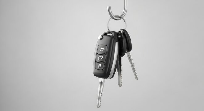 A close-up image shows a set of car keys hanging from a metal hook, with a modern remote key and two traditional keys