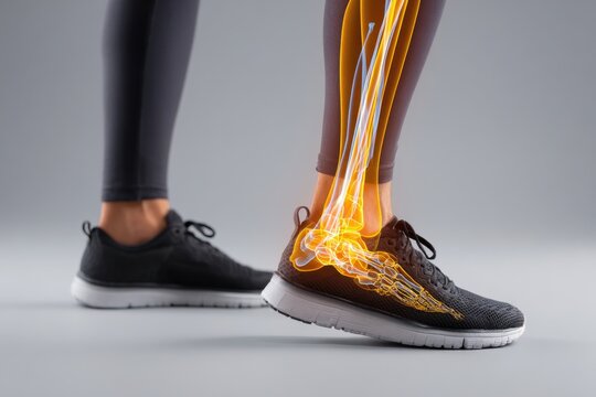 Leg with ankle joint pain icon. Foot wearing running shoes showing the bones in the ankle area. Grey floor. Feet with red effect of painful injury problems. Legs with anatomical detail glowing orange