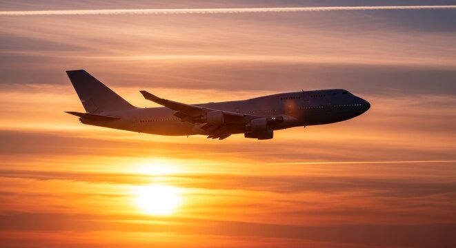 Large aircraft ascends, silhouetted against a vivid, golden sunset, leaving a contrail in the high atmosphere