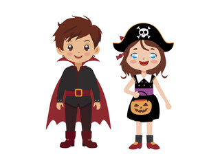 boy and girl wearing halloween costumes with difference character