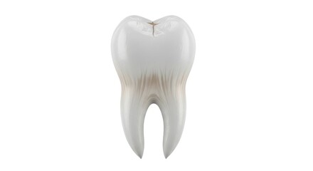 Close-up, isolated molar tooth with visible root structure and slight discoloration