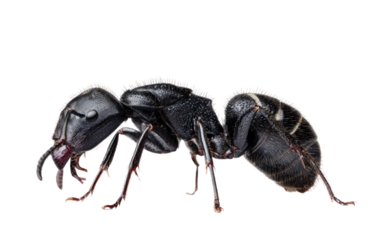 Ultra-detailed macro shot of a black ant, showcasing its segmented body, prominent mandibles, and hairy texture against a stark transparent background. background removed