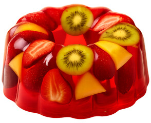 Red fruit jelly mold with fresh sliced strawberries, kiwi, and pineapple – isolated PNG