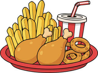 Cartoon Fast Food Plate Vector – Fried Chicken Drumsticks, Fries, Onion Rings & Striped Soda Cup Isolated