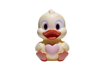 A charming light yellow cartoon duck toy with a pink heart, red beak, and wide eyes sits against a transparent background. background removed