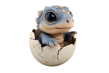 Naklejka premium An adorable baby dinosaur with large eyes, blue-grey skin, and tan features, hatching from a cracked egg, isolated on a transparent transparent background. background removed