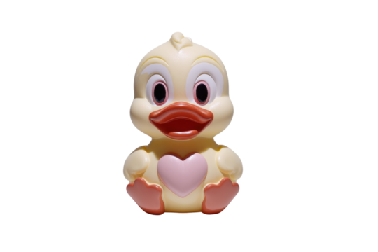 A charming light yellow cartoon duck toy with a pink heart, red beak, and wide eyes sits against a transparent background. background removed