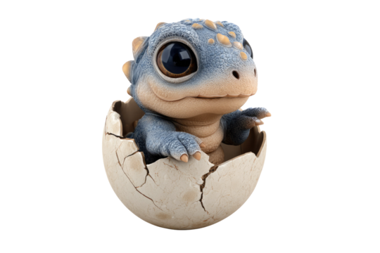 An adorable baby dinosaur with large eyes, blue-grey skin, and tan features, hatching from a cracked egg, isolated on a transparent transparent background. background removed - Powered by Adobe