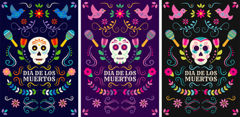 Set of vertical vector banners for Mexico's Day of the Dead. Banner templates for social media, advertising, marketing materials.