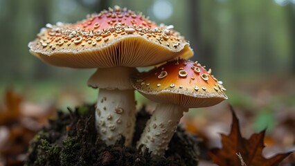Closeup of Two Vibrant Red and Orange Mushrooms in Forest