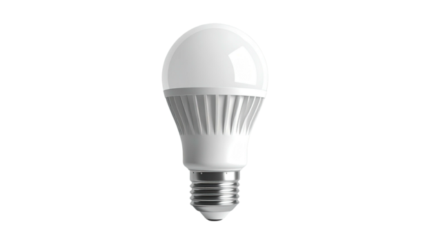 A bright white bulb on a black background, showing metallic and ridged elements