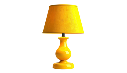 A vibrant yellow lamp, classic shape, set against a black background