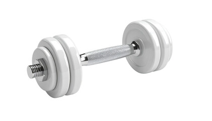 A white dumbbell with weight plates and a textured handle, isolated on black
