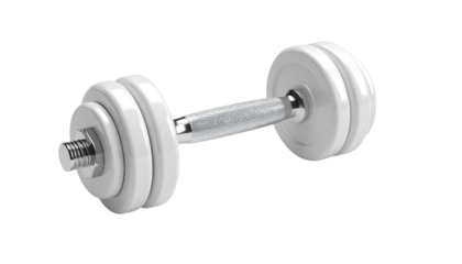 A white dumbbell with weight plates and a textured handle, isolated on black
