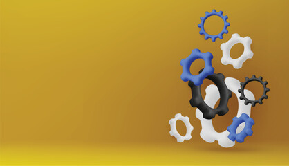 3D abstract gears in blue, black, and white on yellow background. Perfect for teamwork, process, or technology concepts