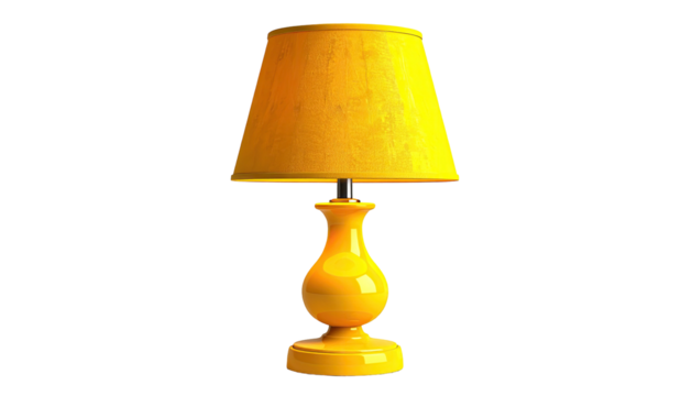 A vibrant yellow lamp, classic shape, set against a black background
