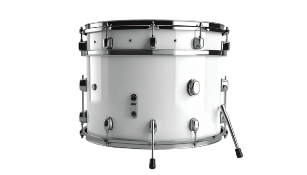 A pristine, white drum isolated on black background, showing hardware