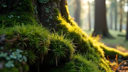 Lush Green Moss and Grass at Tree Base in Forest Sunlight