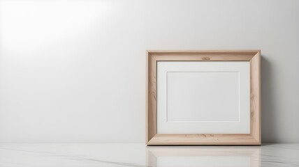 Empty wooden picture frame standing on a white surface with soft light casting shadows on a wall