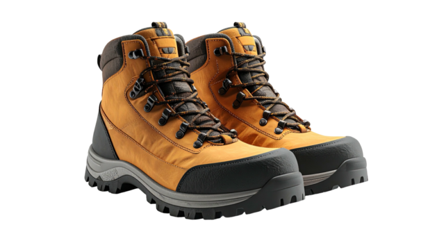 Pair of robust, orange and black hiking boots, ready for adventure