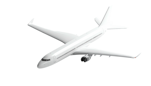 White passenger aircraft model silhouetted on black background, aerial view