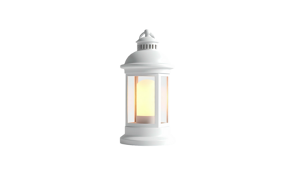 A 3D-rendered, ornate white lantern with a lit candle inside against a dark background